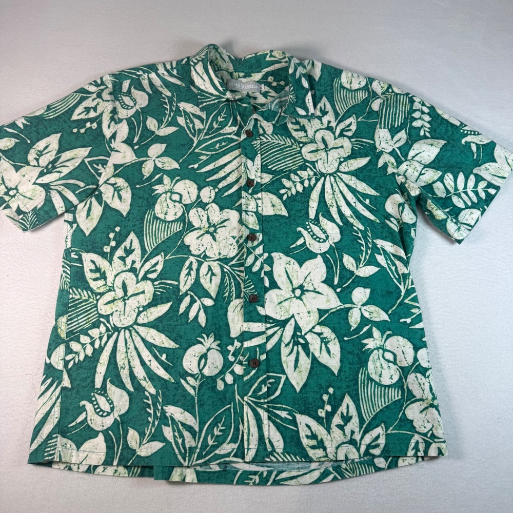 Jams World Mens XL Makana Green Floral Aloha Shirt Made‎ in Hawaii Cotton M605